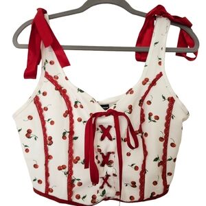 SHEIN MOD Cherry Printed Red Lace up Cami Top Corset Coquette Rockabilly